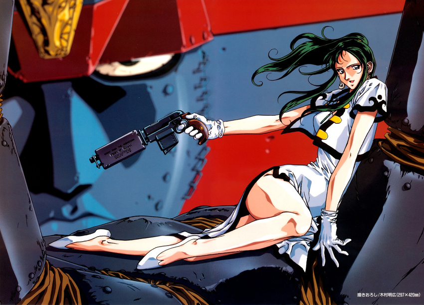 black_hair blue_eyes breasts china_dress chinese_clothes dress earrings firearm giant_robo giant_robo_(mecha) ginrei_(giant_robo) gloves green_hair gun hand_up handgun highres holding holding_gun holding_weapon jewelry ladder long_hair lying mecha medium_breasts necklace official_art on_side outstretched_arm pistol scan shirt shoes side_slit weapon white_footwear white_gloves