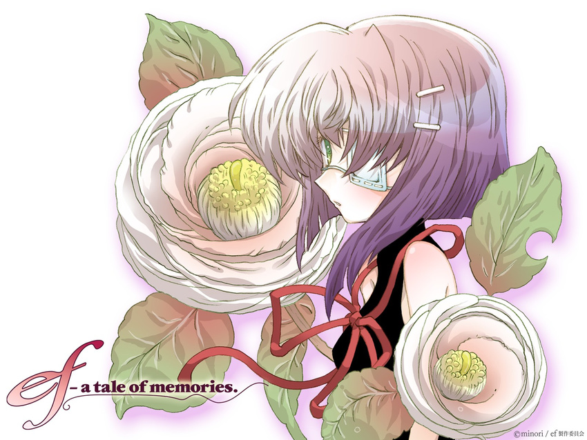 artist_request bare_shoulders blush camellia copyright_name ef eyepatch flower from_side green_eyes hair_ornament hairclip highres purple_hair red_ribbon ribbon shindou_chihiro short_hair solo turtleneck upper_body wallpaper