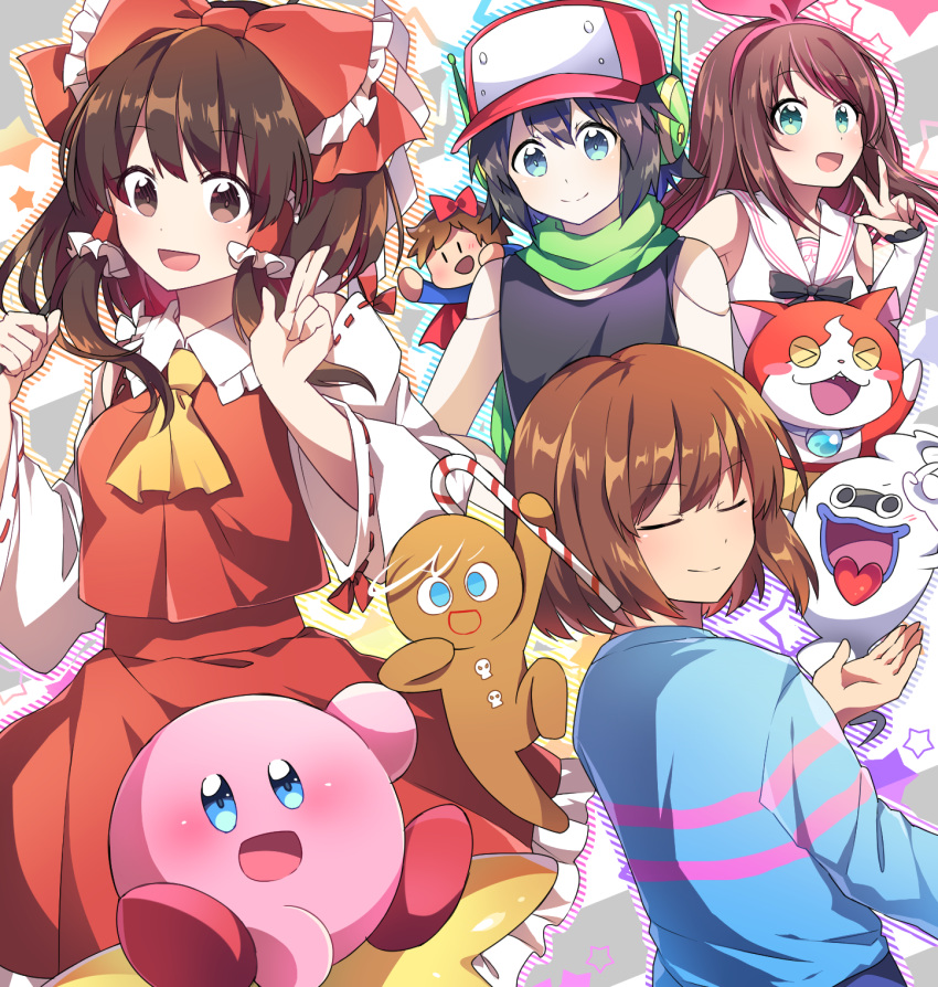 &gt;_&lt; 1boy 1other 3girls :d a.i._channel ascot bangs bare_shoulders baseball_cap black_hair black_shirt blue_eyes blue_shirt blush bow breasts brown_eyes brown_hair candy candy_cane caramell0501 character_request commentary cookie_run crossover detached_sleeves doukutsu_monogatari eyebrows_visible_through_hair eyes_closed food frilled_bow frilled_shirt_collar frills frisk_(undertale) gingerbread_man green_scarf hair_between_eyes hair_bow hair_tubes hairband hakurei_reimu hand_up hands_up hat headphones highres holding holding_food i_wanna_be_the_guy kirby kirby_(series) kizuna_ai long_hair long_sleeves medium_breasts multiple_crossover multiple_girls nintendo open_mouth pink_hairband red_bow red_skirt ribbon-trimmed_sleeves ribbon_trim sailor_collar scarf shirt short_hair sidelocks skirt skirt_set sleeveless sleeveless_shirt smile star symbol_commentary touhou undertale upper_body virtual_youtuber w warp_star white_sailor_collar white_shirt wide_sleeves yellow_neckwear youkai_watch