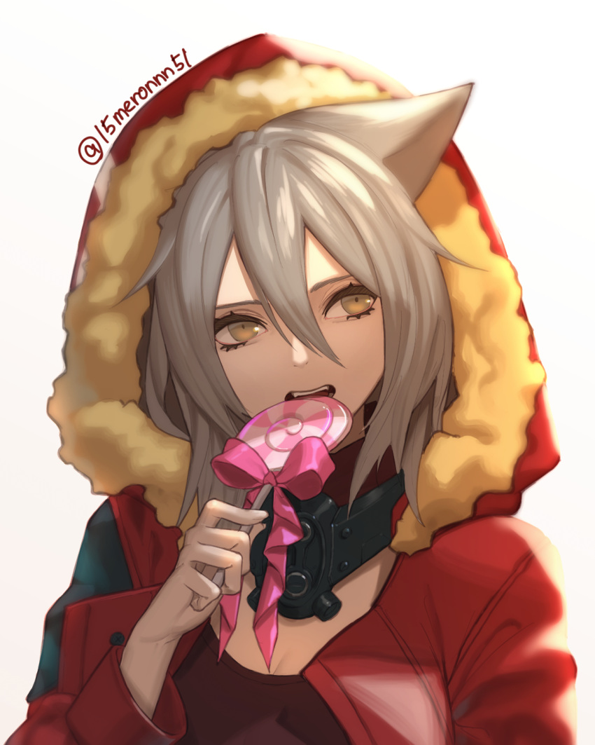 15melon 1girl animal_ears arknights black_shirt breasts candy cleavage closed_mouth commentary english_commentary eyelashes fangs food fur-trimmed_hood fur_trim gas_mask grey_hair hair_between_eyes highres holding holding_candy holding_food holding_lollipop hood hooded_jacket jacket light lollipop long_hair looking_to_the_side mask_around_neck medium_breasts open_clothes open_jacket pink_ribbon projekt_red_(arknights) red_jacket ribbon shirt silver_hair simple_background solo swirl_lollipop twitter_username upper_body wolf_ears yellow_eyes
