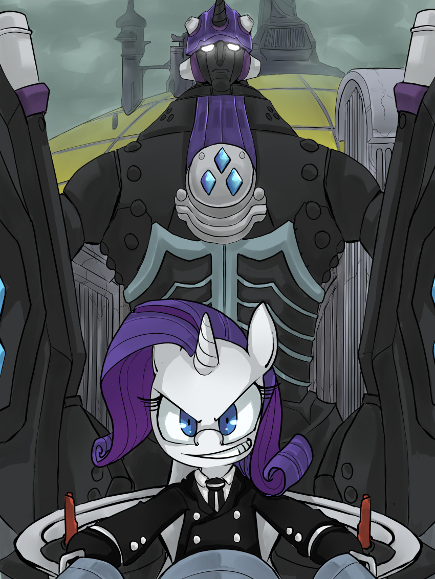3:4 absurd_res blue_eyes clothed clothing cockpit crossover detailed_background digital_media_(artwork) equid equine eyelashes female feral friendship_is_magic fur gloves grin hair handwear hasbro hi_res horn horse looking_at_viewer machine mammal my_little_pony necktie pony purple_hair rarity_(mlp) robot smile solo suit teeth the_big_o topwear uc77 unicorn
