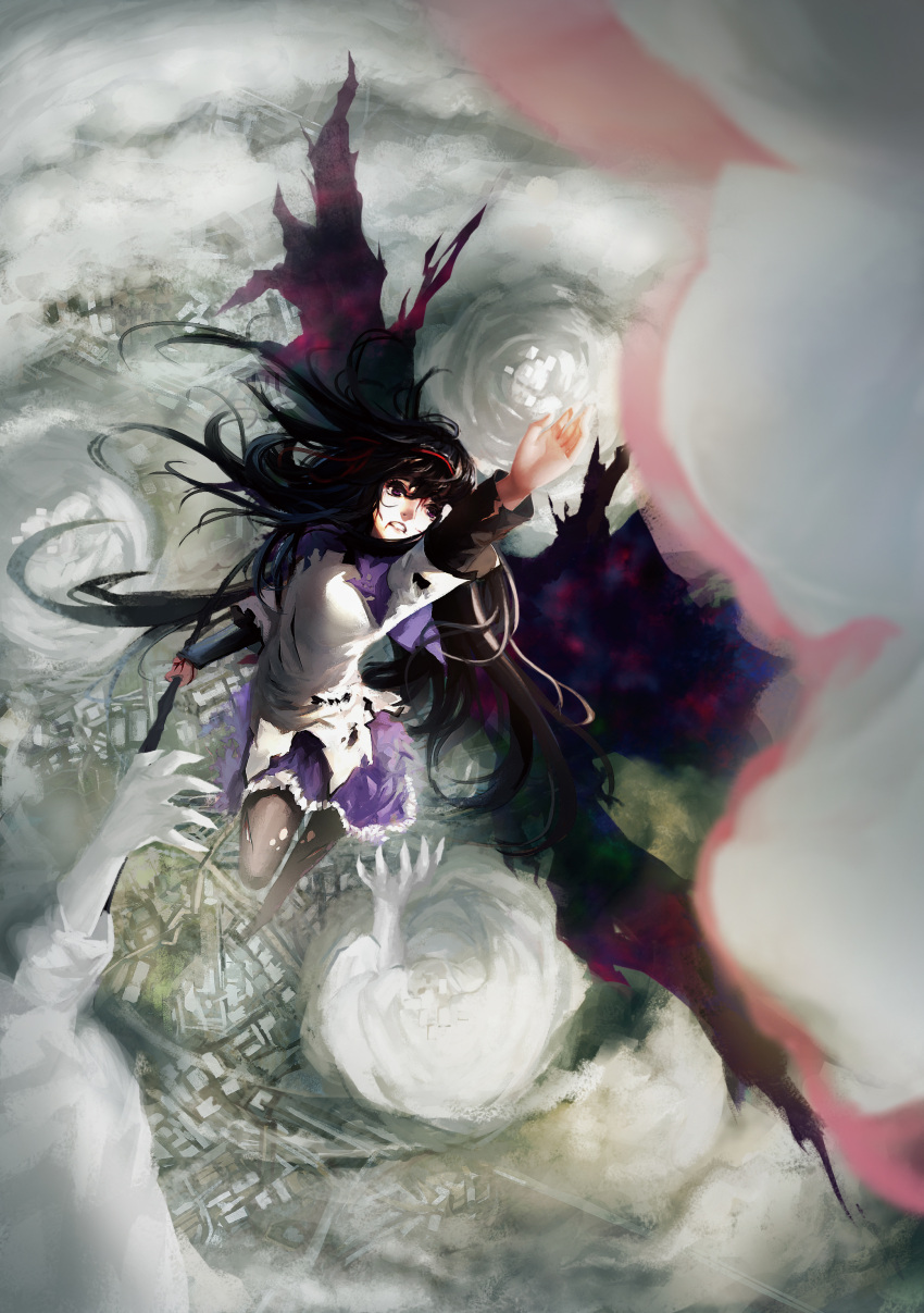 1girl absurdres akemi_homura black_hair black_legwear black_wings blackrabbitsoul blood blood_from_mouth bloody_hands blurry building capelet chinese_commentary city cityscape clenched_teeth commentary_request cuts day depth_of_field dress dust_cloud floating_hair flying from_above hair_ribbon highres injury long_hair long_sleeves looking_afar looking_at_another looking_up mahou_shoujo_madoka_magica outdoors outstretched_hand pantyhose purple_capelet purple_eyes purple_skirt reaching red_ribbon ribbon shirt sidelighting skirt solo_focus teeth torn_clothes torn_legwear torn_shirt ultimate_madoka white_dress white_shirt wide-eyed wings wraith_(madoka_magica)
