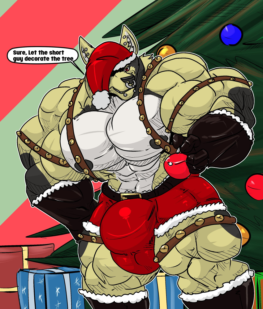 2018 absurd_res anthro bell belt big_bulge big_muscles big_pecs black_nipples boots bottomwear bulge canid canine canis christmas christmas_clothing christmas_headwear christmas_tree clothing dallas_the_swolgi decoration dialogue domestic_dog earpiece english_text facial_piercing fierglief footwear gift gloves grin handwear hat headgear headwear herding_dog hi_res holding_object holidays huge_bulge huge_muscles hyper hyper_bulge hyper_muscles looking_at_viewer male mammal muscular muscular_anthro muscular_male nipples nose_piercing pants pastoral_dog pecs pierced_lips piercing plant santa_hat smile solo speech_bubble standing text tree welsh_corgi