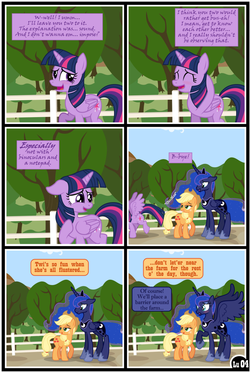 applejack_(mlp) blush comic dialogue english_text equid equine female feral freckles friendship_is_magic group gutovi-kun hasbro hi_res horn larger_female mammal my_little_pony princess_luna_(mlp) size_difference smaller_female text twilight_sparkle_(mlp) winged_unicorn wings