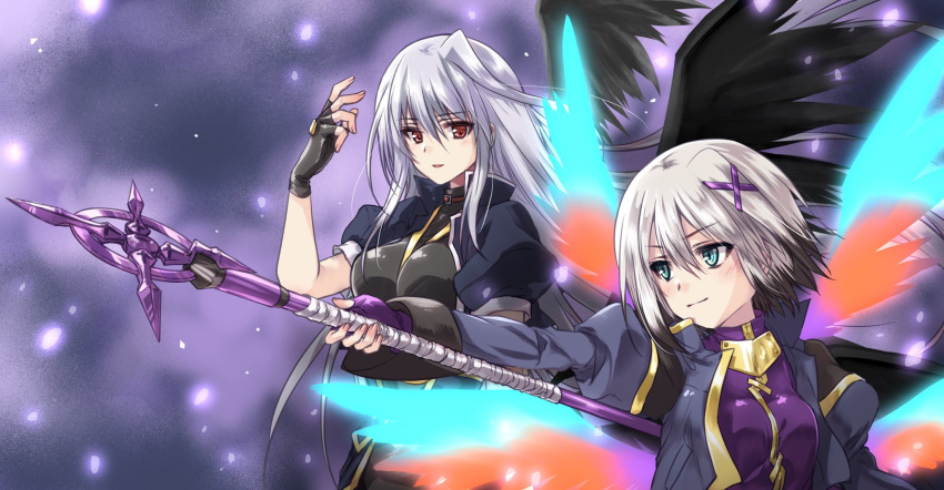 2girls aqua_eyes black_gloves black_hair black_jacket black_shirt black_wings closed_mouth commentary_request cropped_jacket eyebrows_visible_through_hair feathered_wings fingerless_gloves gloves grey_hair hair_ornament highres holding holding_staff jacket juliet_sleeves kuroi_mimei long_sleeves looking_at_another lyrical_nanoha magical_girl mahou_shoujo_lyrical_nanoha mahou_shoujo_lyrical_nanoha_a's mahou_shoujo_lyrical_nanoha_a's_portable:_the_battle_of_aces material-d multicolored multicolored_hair multicolored_wings multiple_girls parted_lips puffy_short_sleeves puffy_sleeves purple_gloves purple_shirt red_eyes reinforce shirt short_hair short_sleeves silver_hair smile staff two-tone_hair waist_cape wings x_hair_ornament yersiniakreuz