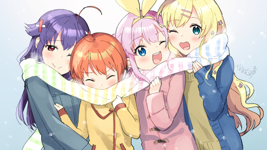 4girls ;) ;d ahoge bangs blonde_hair blue_eyes blue_jacket blush brown_hair brown_jacket closed_mouth cordelia_glauca eyebrows_visible_through_hair flower gradient_scarf green_eyes hair_flower hair_ornament hair_ribbon hairclip hercule_barton jacket long_hair long_sleeves mugi_(iccomae) multiple_girls one_eye_closed open_mouth pink_hair pink_jacket purple_flower purple_hair red_eyes ribbon scarf shared_scarf sherlock_shellingford sleeves_past_wrists smile tantei_opera_milky_holmes upper_body upper_teeth v-shaped_eyebrows very_long_hair x_hair_ornament yellow_ribbon yuzurizaki_nero