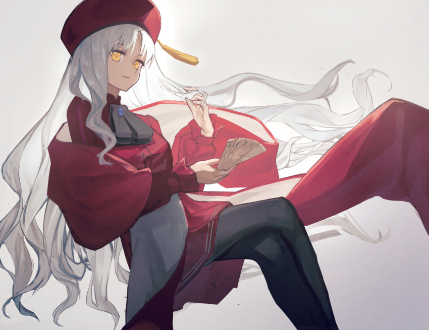 1girl aito bangs beret black_legwear breasts brooch caren_hortensia caren_hortensia_(amor_caren) crossed_legs dress fate/grand_order fate_(series) gradient gradient_background hat jewelry long_hair long_sleeves looking_at_viewer medium_breasts money neck_ribbon pantyhose red_dress red_headwear ribbon shawl smile thighs wavy_hair white_hair yellow_eyes