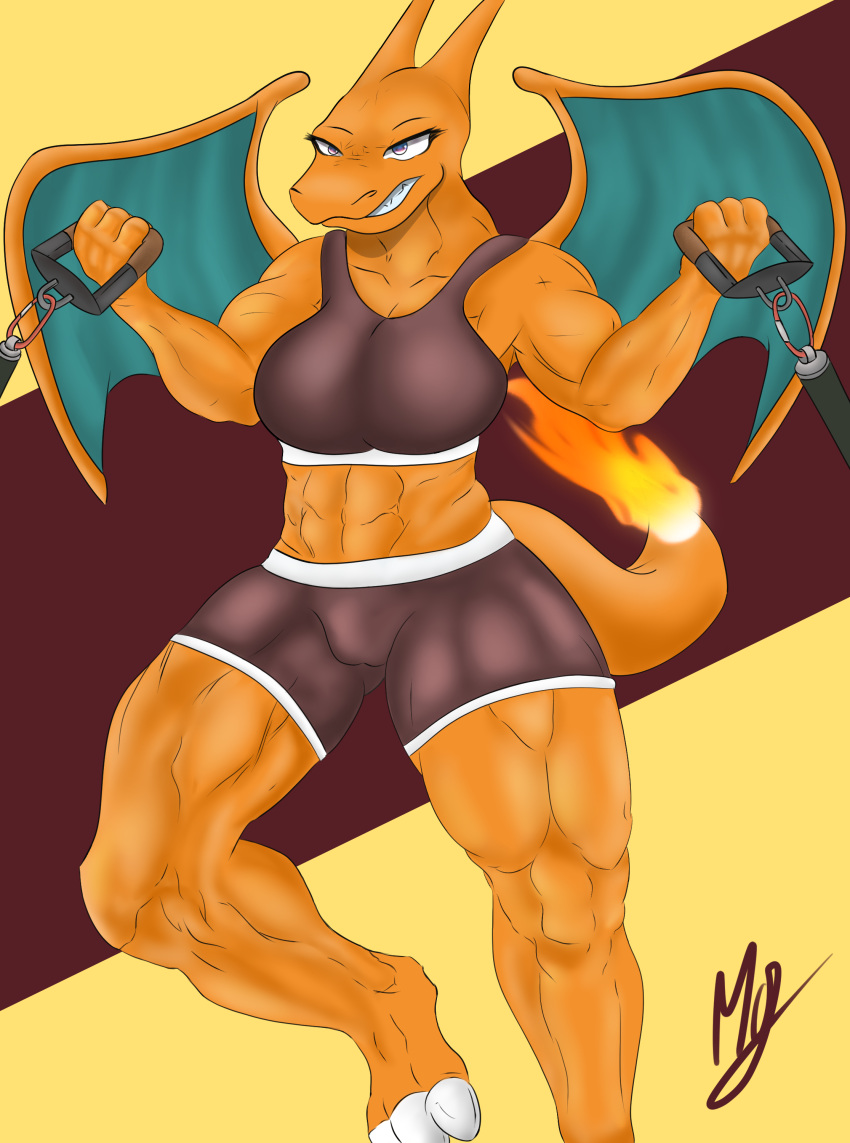 absurd_res anthro bottomwear bra breasts charizard clothing dragon exercise female fire flaming_tail frostyphox gym_bottomwear gym_clothing gym_shorts hi_res lizard muscular muscular_anthro muscular_female nintendo orange_body orange_scales pok&eacute;mon pok&eacute;mon_(species) reptile scales scalie shaded shorts simple_background simple_shading solo sports_bra sportswear underwear video_games wings workout