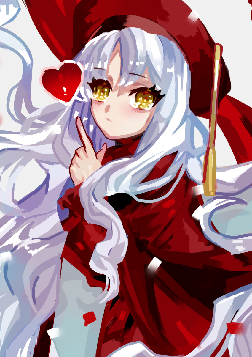 1girl absurdres bangs beret breasts brooch caren_hortensia caren_hortensia_(amor_caren) dress fate/grand_order fate_(series) hat heart highres index_finger_raised jewelry long_hair long_sleeves looking_at_viewer milkma2 neck_ribbon red_dress red_headwear ribbon shawl small_breasts wavy_hair white_hair yellow_eyes