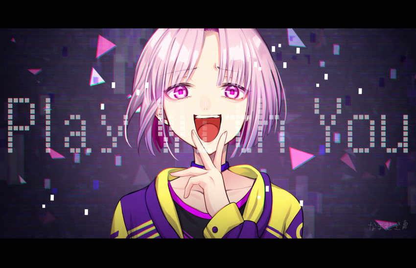 1boy :d argonavis_from_bang_dream! bangs black_shirt character_request choker collarbone english_text eyebrows_visible_through_hair highres jacket letterboxed long_sleeves looking_at_viewer male_focus mugi_(iccomae) open_mouth parted_bangs pink_hair purple_choker purple_eyes purple_jacket shirt sleeves_past_wrists smile solo upper_body upper_teeth