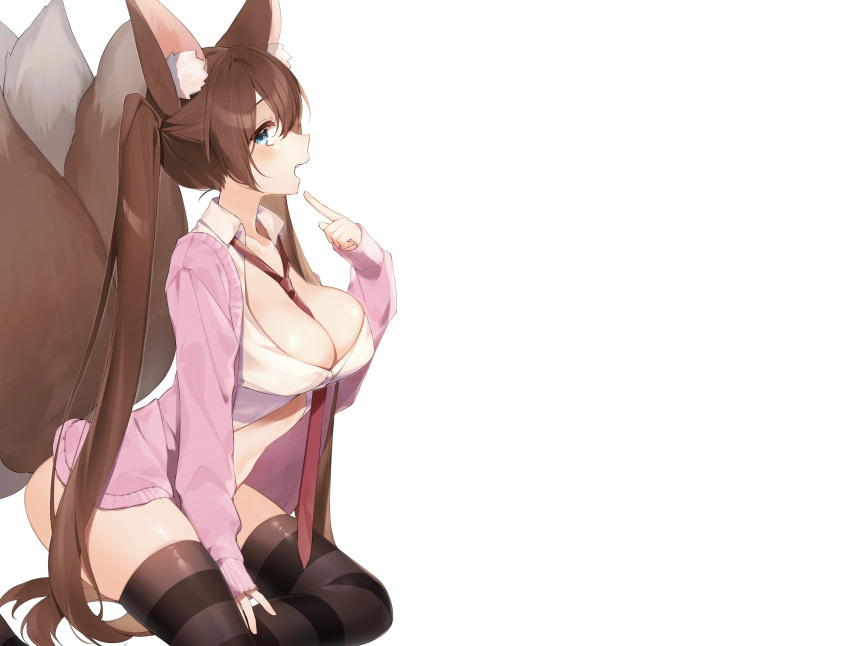 animal_ears aqua_eyes blush breasts brown_hair cleavage fang foxgirl long_hair multiple_tails naked_shirt open_shirt school_uniform tail tamafurin thighhighs tie white zettai_ryouiki