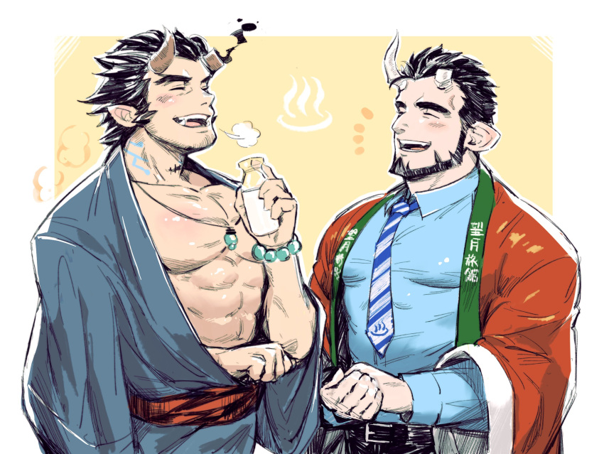 2boys abs bara bare_pecs beard black_hair blue_kimono blush bottle broken_horn crossover dark_blue_hair demon_boy demon_horns facial_hair fiery_horns hadanugi_dousa happi highres horns isuke japanese_clothes jewelry kimono large_pectorals live_a_hero long_sideburns male_focus mature_male milk_bottle multiple_boys muscular muscular_male navel necklace nessen_(live_a_hero) own_hands_together short_hair smile stomach stubble takemaru_(tokyo_houkago_summoners) thick_eyebrows tokyo_houkago_summoners