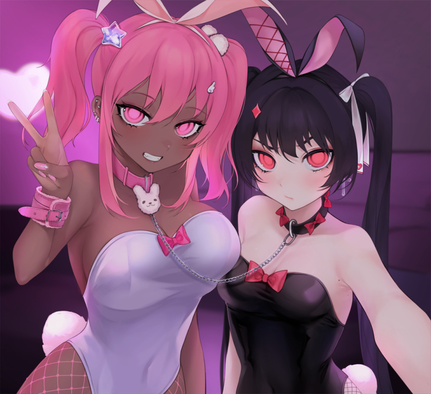 2girls animal_ears areolae asymmetrical_docking bangs black_choker black_hair blush breast_press breasts bunny_ears censored chain chained choker closed_mouth collarbone commentary dark_skin dark_skinned_female ear_piercing earrings face_filter fake_animal_ears fake_whiskers fang grin hair_ornament hair_ribbon hand_up heart heart_censor jewelry large_breasts long_hair looking_at_viewer medium_breasts medium_hair multiple_girls navel navel_piercing nipple_censor nude ompf original paywall_censor piercing pink_choker pink_eyes pink_hair pink_nails playboy_bunny reaching_out red_eyes ribbon smile star_(symbol) star_hair_ornament symbol-shaped_pupils teeth topless translated twintails upper_body v wrist_cuffs