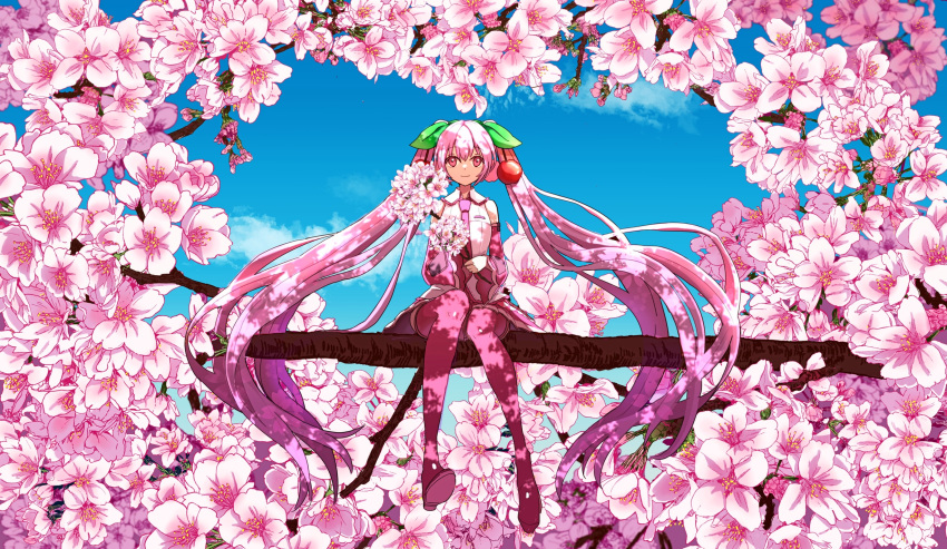 1girl bare_shoulders blue_sky boots branch cherry cherry_blossoms cherry_hair_ornament commentary dappled_sunlight day detached_sleeves floral_background flower food food_themed_hair_ornament fruit hair_ornament hatsune_miku heart highres holding holding_branch in_tree leaf light_smile long_hair looking_at_viewer macha_3939 miniskirt necktie outdoors pink_eyes pink_flower pink_hair pink_legwear pink_neckwear pink_skirt pink_sleeves pink_theme pleated_skirt sakura_miku shirt sitting sitting_in_tree sitting_on_branch skirt sky sleeveless sleeveless_shirt solo sunlight thigh_boots thighhighs tree twintails very_long_hair vocaloid white_shirt wide_shot