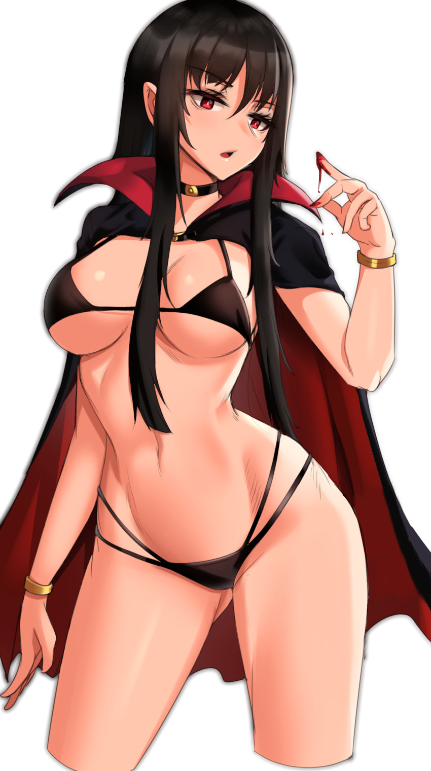 1girl absurdres bangs bikini black_bikini black_cape black_choker black_hair blood bloody_hands bracelet breasts cape choker clyde_s commentary cowboy_shot cropped_legs english_commentary highres jewelry large_breasts looking_at_viewer multi-strapped_bikini navel open_mouth original pointy_ears red_cape red_eyes sidelocks simple_background solo standing straight_hair string_bikini swimsuit two-sided_cape two-sided_fabric white_background