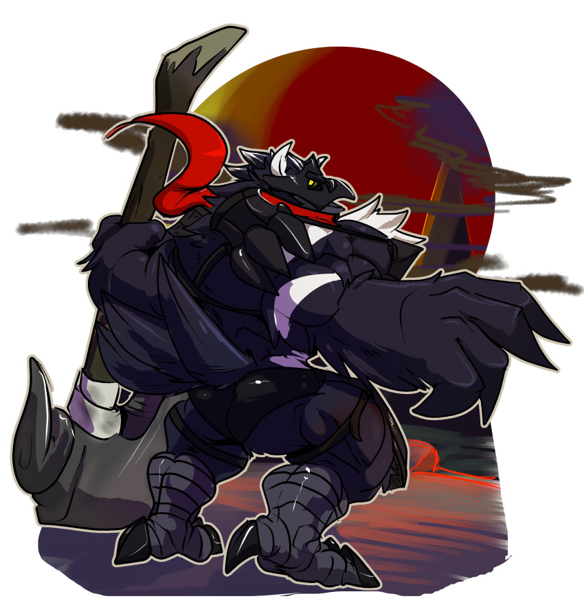 2020 absurd_res anthro anthrofied armor avian beak cawaden clothing corviknight fierglief hi_res holding_object huge_muscle looking_at_viewer male nintendo open_mouth pok&eacute;mon pok&eacute;mon_(species) rear_view scarf simple_background solo underwear video_games weapon white_background