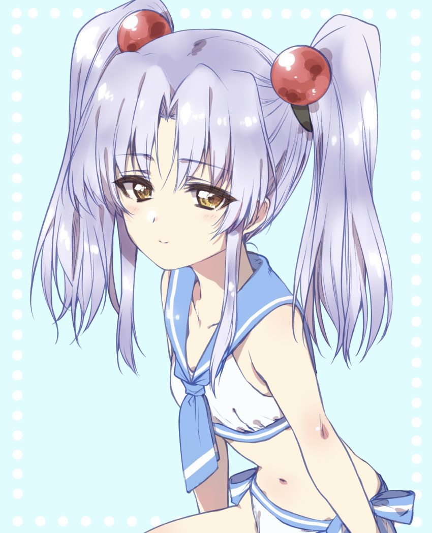 1girl bangs bikini blue_hair blue_neckwear blue_sailor_collar closed_mouth commentary_request eyebrows_visible_through_hair hair_bobbles hair_ornament highres hoshino_ruri kidou_senkan_nadesico kuroi_mimei looking_at_viewer medium_hair navel neckerchief sailor_bikini sailor_collar side-tie_bikini sidelocks sitting smile solo swimsuit twintails white_bikini yellow_eyes