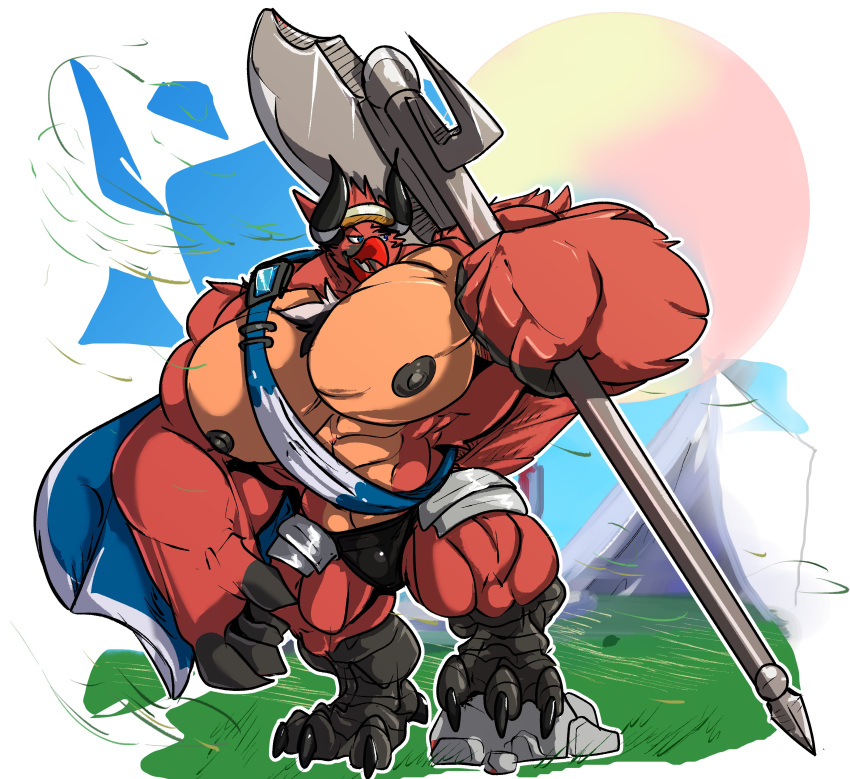 2020 4_toes 5_fingers absurd_res anthro avian axe beak big_bulge big_muscles big_pecs black_nipples bulge cape clothing feet fierglief fingers front_view hi_res holding_object horn huge_muscles huge_pecs hyper hyper_muscles hyper_pecs male melee_weapon muscular muscular_anthro muscular_male nipples open_mouth pecs plantigrade smile solo toes tyrse's_birdsona underwear weapon