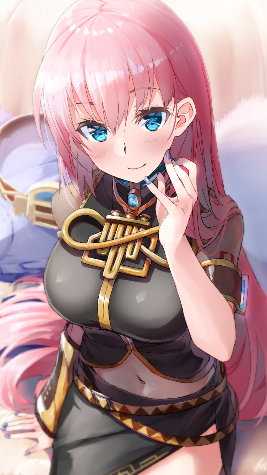 1girl armband bangs bed belt black_shirt black_skirt blue_eyes blue_nails blurry blurry_background blush breasts brooch commentary daidou_(demitasse) gold_trim hand_on_own_cheek hand_on_own_face hand_up headphones headphones_removed highres jewelry large_breasts long_hair looking_at_viewer megurine_luka nail_polish navel pink_hair shirt short_sleeves side_slit sitting skirt smile solo upper_body very_long_hair vocaloid