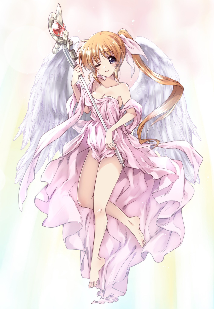 1girl ;) angel_wings bangs barefoot blue_eyes breasts brown_hair cleavage closed_mouth commentary_request eyebrows_visible_through_hair floating hair_ribbon highres holding holding_staff kuroi_mimei light_particles long_hair looking_at_viewer lyrical_nanoha mahou_shoujo_lyrical_nanoha_strikers medium_breasts off_shoulder one_eye_closed raising_heart ribbon side_ponytail sidelocks smile solo staff takamachi_nanoha toga white_ribbon white_wings wings