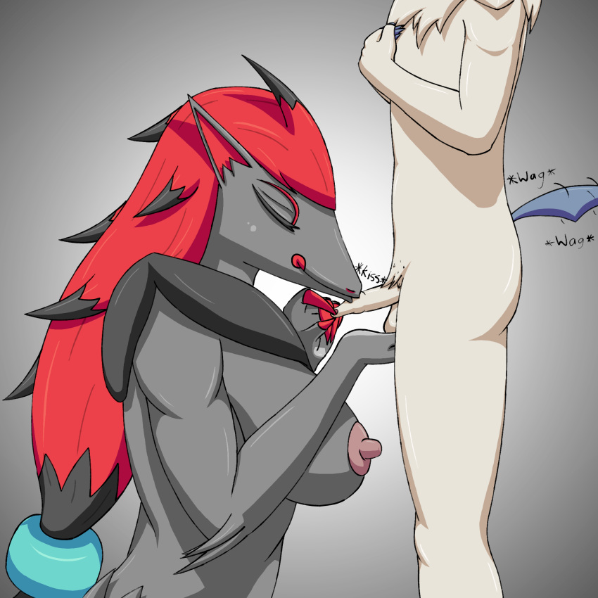 absol anthro big_breasts breasts duo english_text female foreskin foreskin_play foreskin_pull genitals hi_res kissing lance_(xevv) male male/female nintendo nipples onomatopoeia penis penis_kissing pok&eacute;mon pok&eacute;mon_(species) sherry_(xevv) simple_background small_penis sound_effects text uncut video_games xevv zoroark