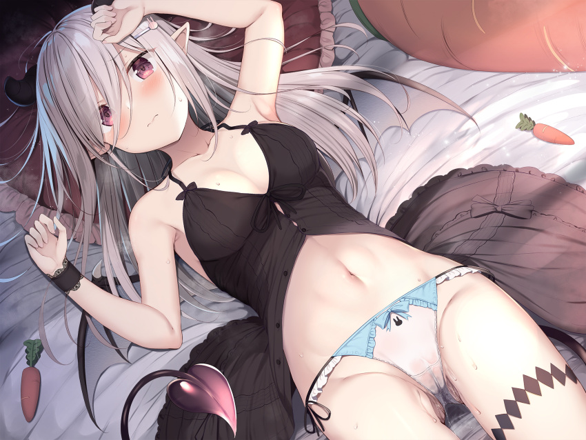 bed demon dress gray_hair horns long_hair navel original panties pointed_ears purple_eyes pussy_juice succubus tail tomoo_(tomo) underwear wings