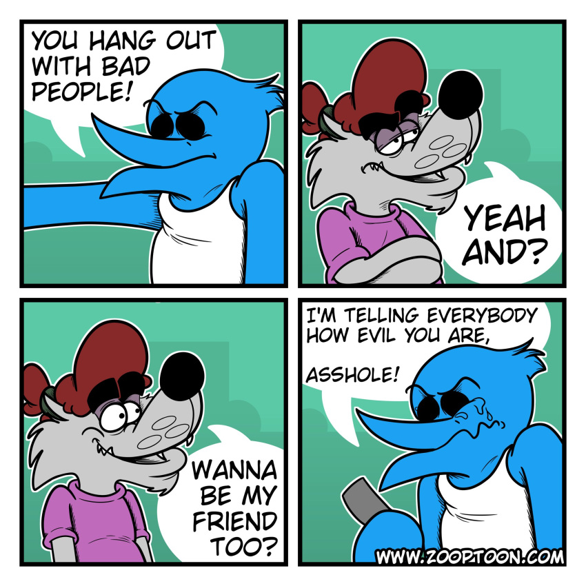 ambiguous_gender anthro avian bird blue_body canid canine canis clothing comic dialogue duo grey_body hair hi_res male mammal profanity red_hair shirt simple_background speech_bubble t-shirt text toony topwear twitter_bird webcomic_character wolf zooptoon