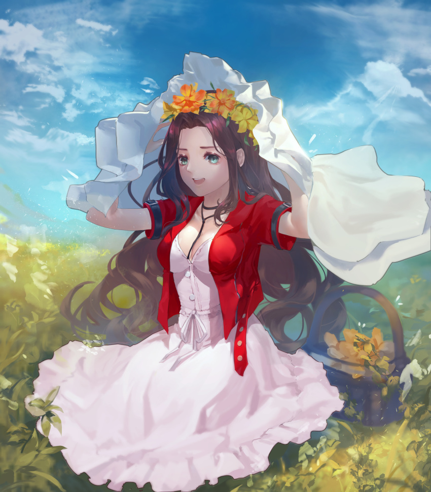 1girl :d absurdres aerith_gainsborough aqua_eyes arms_up basket blue_sky breasts brown_hair day dress field final_fantasy final_fantasy_vii flower flower_basket hair_intakes head_wreath highres jacket lanyard long_hair looking_at_viewer on_ground open_clothes open_jacket open_mouth outdoors parted_hair peace_(kgrv5733) red_jacket short_sleeves sitting sky smile veil veil_lift white_dress