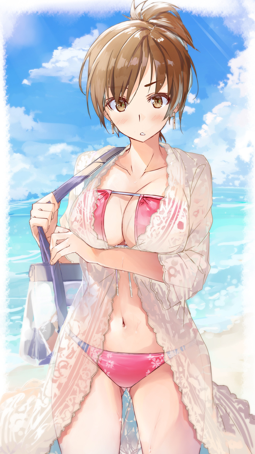 1girl ass_visible_through_thighs bag beach bikini breasts brown_eyes brown_hair cloud cloudy_sky commentary_request daidou_(demitasse) earrings highres jewelry large_breasts looking_at_viewer md5_mismatch meiko navel ocean outdoors ponytail red_bikini short_hair sky solo standing summer swimsuit vocaloid