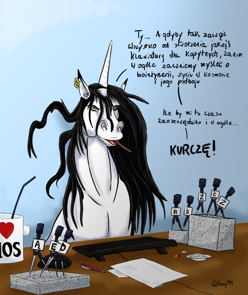 computer_keyboard computer_mouse digital_media_(artwork) ear_piercing ear_ring equid equine female feral fur hair hi_res horn keyboard mammal office piercing polish_text secretary simple_background solo styrofoam text tongue translated unicorn witkacy1994