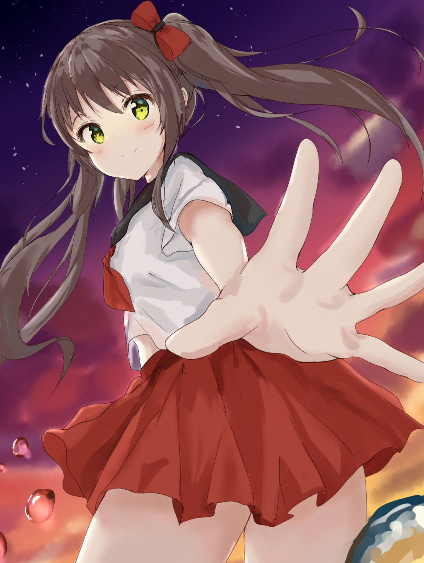 1girl absurdres bangs blush bow breasts brown_hair closed_mouth cloud eyebrows_visible_through_hair green_eyes hair_bow hair_ornament highres long_hair looking_at_viewer looking_back na_kyo night night_sky original outdoors outstretched_arm outstretched_hand pleated_skirt reaching_out red_bow red_skirt school_uniform serafuku short_sleeves skirt sky small_breasts solo star_(sky) starry_sky twilight twintails water_drop