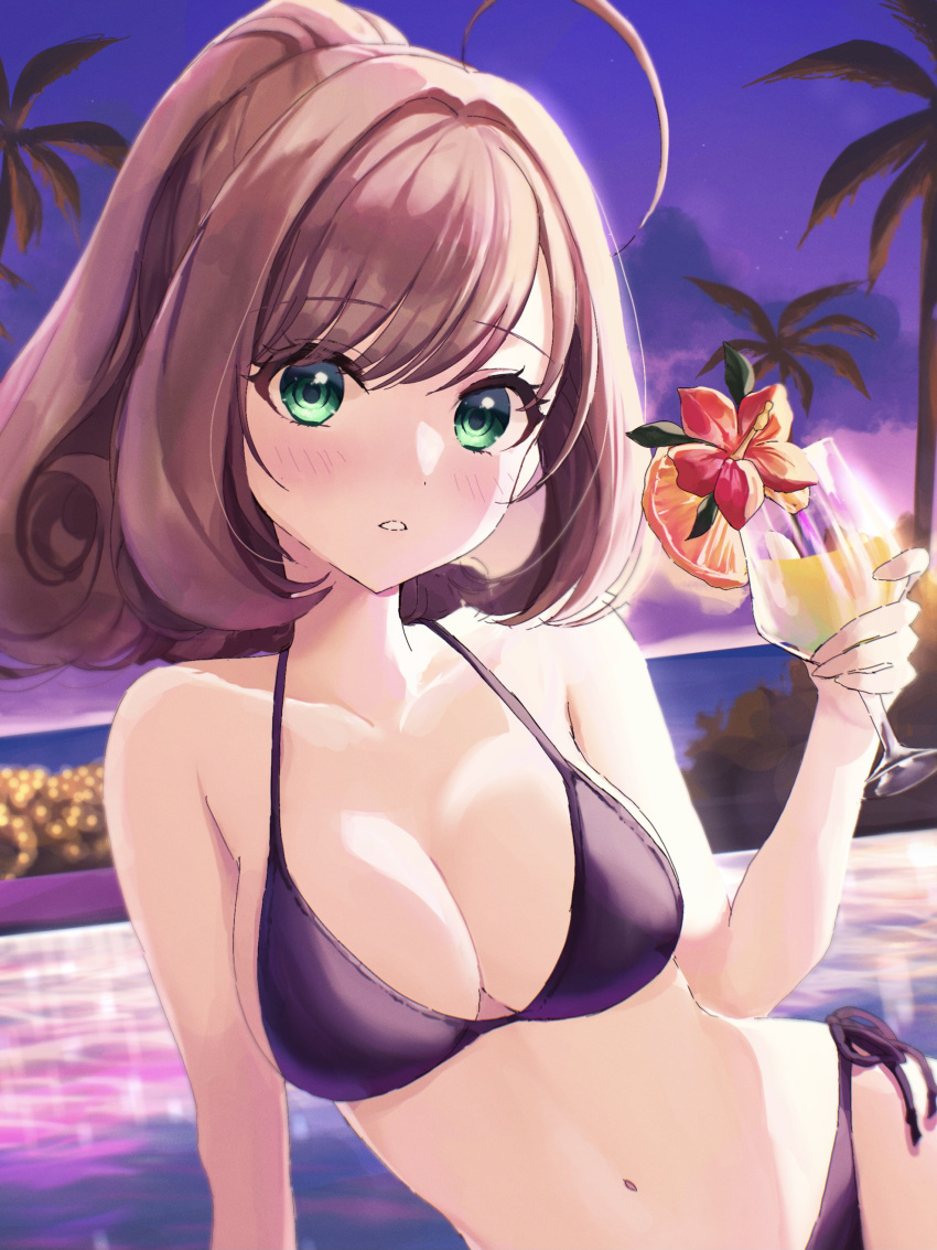 1girl absurdres bangs bikini blush breasts character_request cleavage cocktail cocktail_glass collarbone copyright_request cup drinking_glass eyebrows_visible_through_hair highres holding holding_cup kudou_(sikisiki0000) looking_at_viewer medium_breasts night parted_lips ponytail purple_bikini solo swimsuit tied_hair water