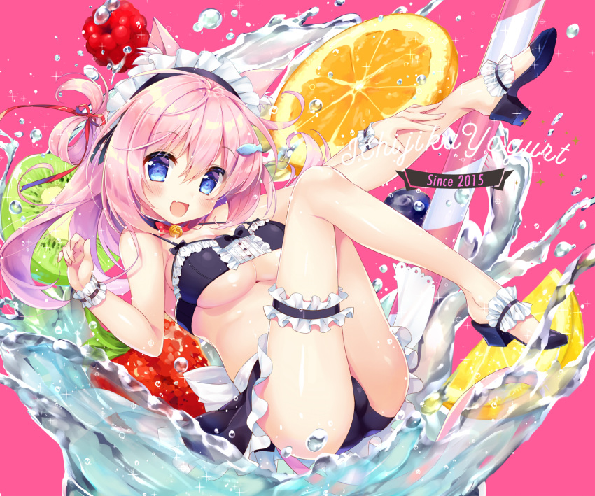 1girl :d animal_ears ass bare_arms bare_legs bare_shoulders bell bikini black_bikini black_choker black_footwear black_skirt blue_eyes breasts cat_ears cat_girl cat_tail choker drinking_straw fang floating_hair food frilled_bikini frills fruit hand_up high_heels highres jingle_bell large_breasts leg_garter legs_up lemon lemon_slice long_hair looking_at_viewer maid maid_bikini maid_headdress midriff miniskirt natsuki_marina no_socks open_mouth original outstretched_arm pink_background pink_hair plantar_flexion raspberry skirt smile solo spaghetti_strap strawberry swimsuit tail thighs two_side_up underboob water wrist_cuffs