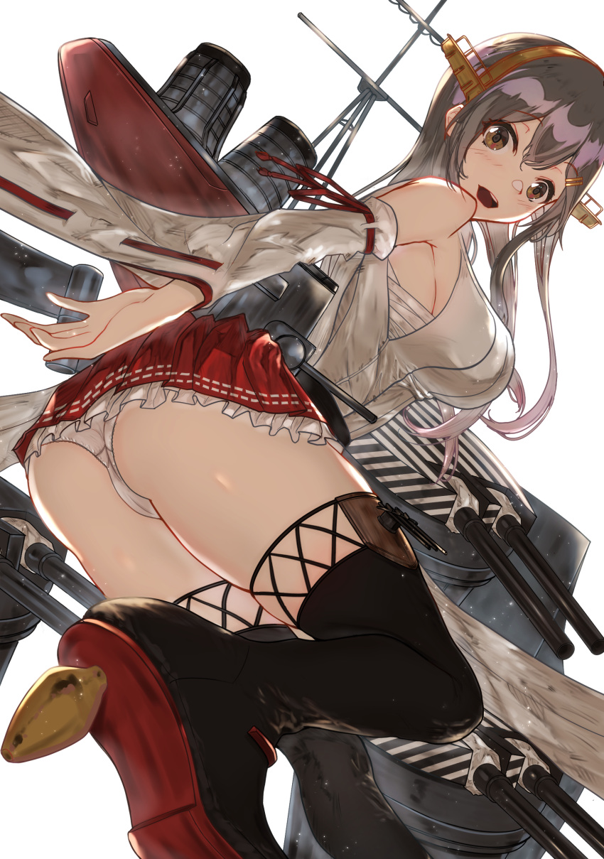 1girl :d absurdres black_footwear boots breasts brown_eyes cameltoe camouflage dazzle_paint detached_sleeves from_below from_side grey_hair hair_ornament hairclip haruna_(kancolle) headgear highres kantai_collection large_breasts leg_up long_hair looking_at_viewer looking_to_the_side mast nontraditional_miko open_mouth panties pantyshot red_skirt remodel_(kantai_collection) sarashi sideboob simple_background skirt smile smokestack solo taki_rentaro thigh_boots thighhighs turret underwear white_background white_panties wide_sleeves