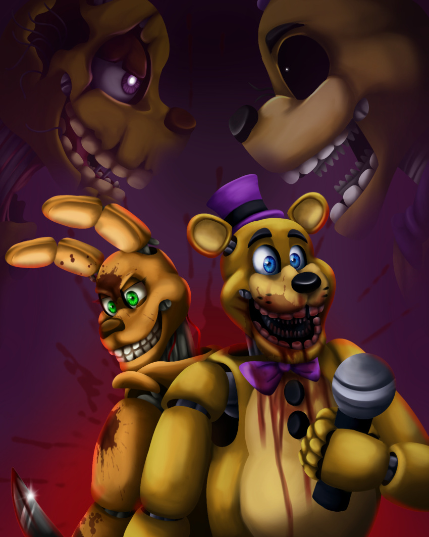 2020 :d animatronic anthro black_nose blood blood_in_mouth blood_on_body blood_on_face blood_on_teeth blood_on_weapon blood_splatter blood_stain bloody_knife blue_eyes bodily_fluids bow_tie brown_nose clothing dilated_pupils duo eye_contact five_nights_at_freddy's five_nights_at_freddy's_3 five_nights_at_freddy's_4 fredbear_(fnaf) glowing glowing_eyes golden_freddy_(fnaf) green_eyes half-closed_eyes hat headgear headwear hi_res knife lagomorph leporid long_ears looking_at_another looking_away lordofthefeathers machine male mammal microphone multicolored_body narrowed_eyes open_mouth purple_background rabbit robot round_ears scar simple_background singer smile spring_bonnie_(fnaf) springtrap_(fnaf) standing teeth top_hat two_tone_body ursid video_games weapon white_eyes yellow_body yellow_ears yellow_teeth