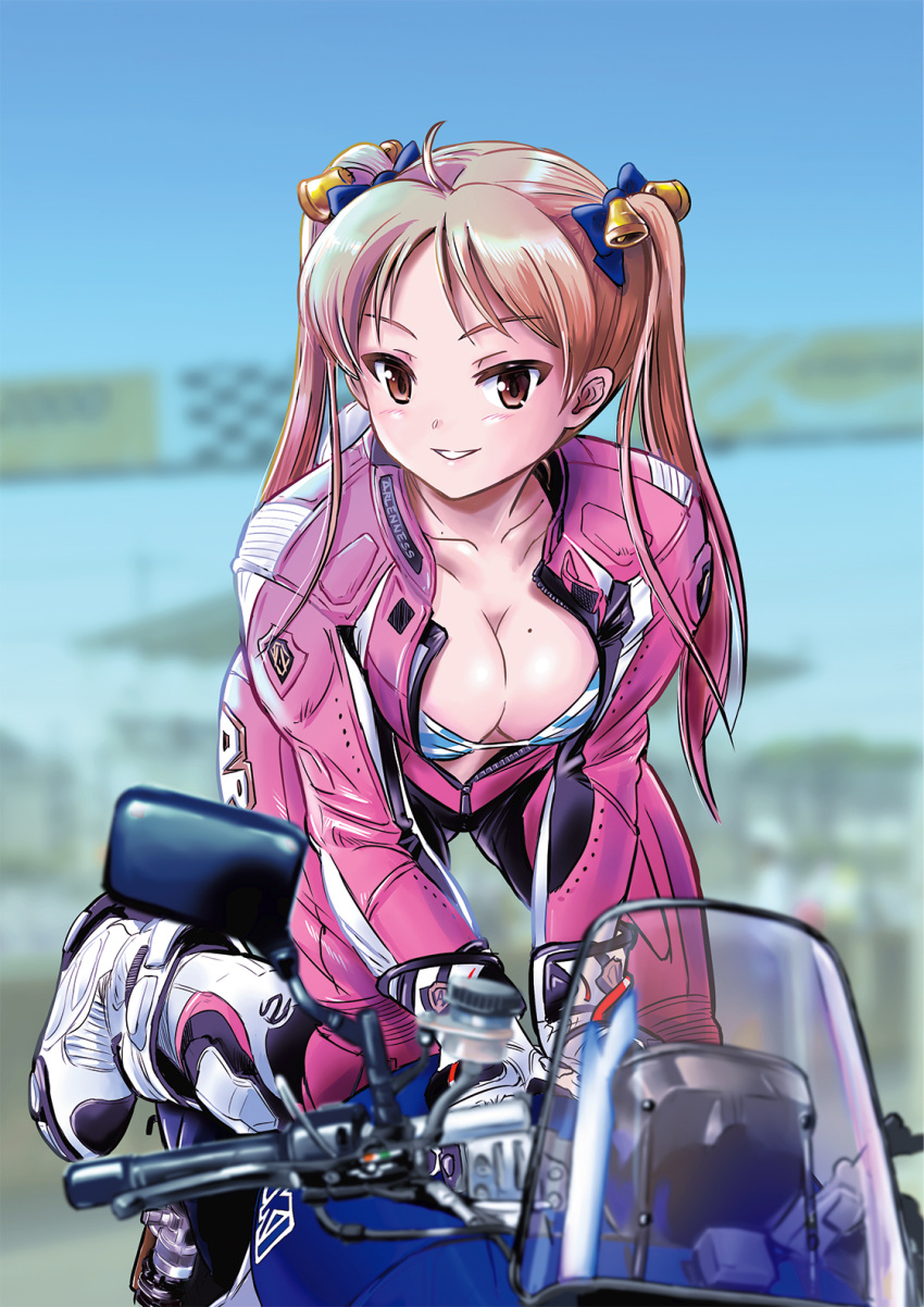 1girl bakuon!! bell biker_clothes bikesuit bikini blonde_hair blue_bikini bodysuit breasts brown_eyes cleavage ground_vehicle hair_bell hair_ornament highres large_breasts long_hair looking_at_viewer mole mole_on_breast motor_vehicle motorcycle pink_bikesuit pink_bodysuit sakuma_masanori solo suzuki_(company) suzuki_katana suzunoki_rin swimsuit twintails unzipped