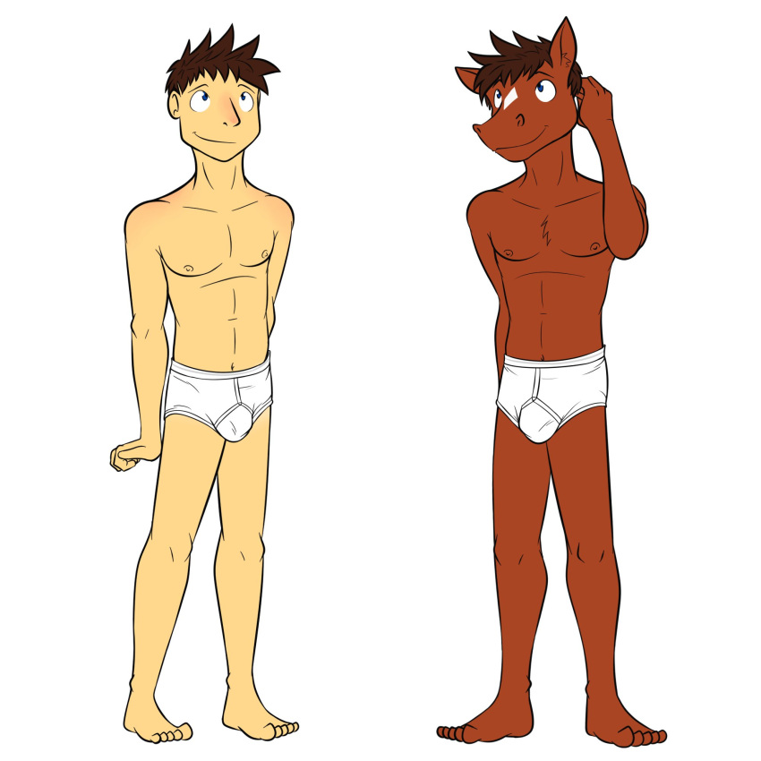 alternate_species anthro blake_jackson briefs bulge clothed clothing duo equid equine fuze hi_res horse human humanized male mammal navel nipples simple_background texnatsu tighty_whities topless underwear underwear_only white_background white_clothing white_underwear