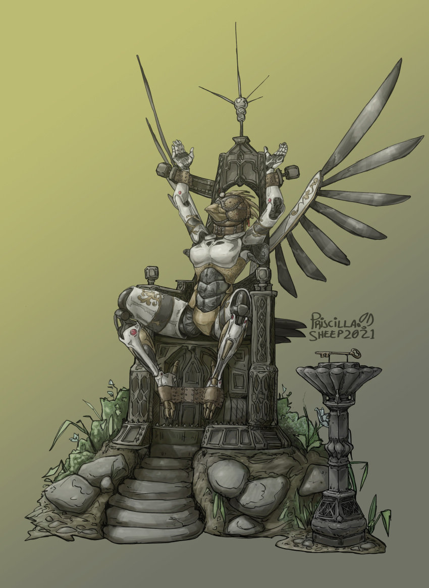 absurd_res anthro avian bound chair female furniture hi_res machine mask mechanical_wings priscillasheep robot solo straps throne tied_to_chair wings