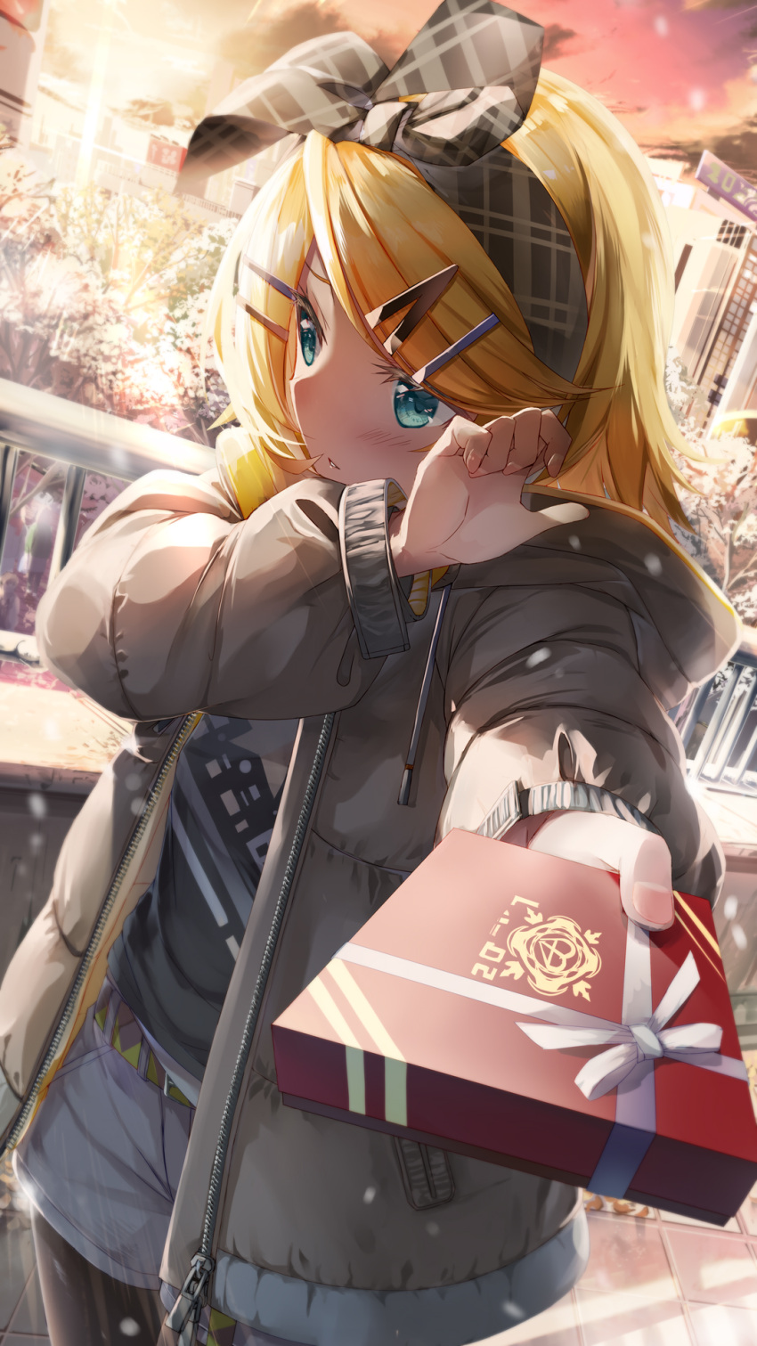 1girl bangs beige_coat blonde_hair blush bow box box_of_chocolates coat commentary covering_face daidou_(demitasse) foreshortening giving hair_bow hair_ornament hairband hairclip hand_up heart highres incoming_gift kagamine_rin looking_away looking_to_the_side parted_lips plaid plaid_bow road short_hair solo street sunset swept_bangs upper_body valentine vocaloid