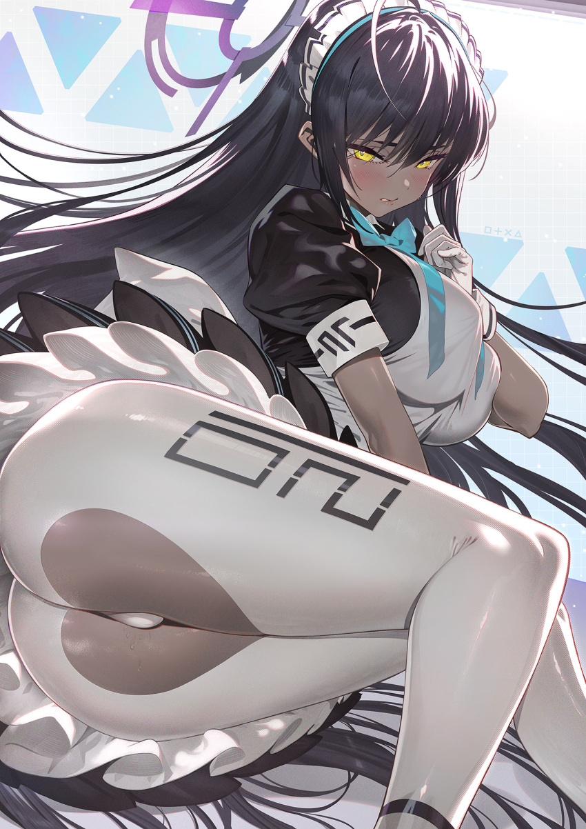 1girl ahoge apron ass black_dress black_hair blue_archive blue_bow blue_neckwear blush bow bowtie breasts crotch_cutout dark_skin dark_skinned_female dress feet_out_of_frame gloves halo hand_on_own_chest highres karin_(blue_archive) large_breasts long_hair looking_at_viewer lying maid maid_headdress on_side panties pantyhose parted_lips puffy_short_sleeves puffy_sleeves shazhiqiao short_sleeves solo torn_clothes torn_legwear underwear upskirt very_long_hair white_apron white_gloves white_legwear white_panties yellow_eyes