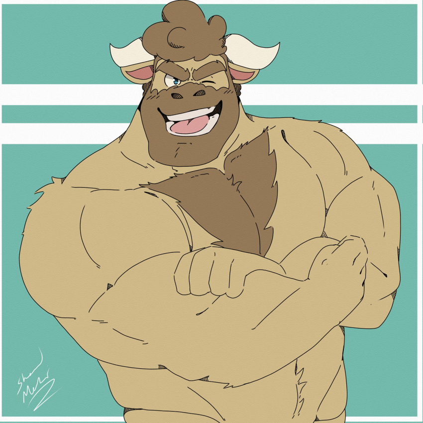 2021 animal_crossing anthro barazoku beard big_muscles body_hair border bovid bovine cattle chest_hair facial_hair flexing hair hand_on_arm hi_res horn looking_at_viewer male mammal muscular muscular_anthro muscular_male navel nintendo nude one_eye_closed open_mouth open_smile shadowmatamori signature smile solo vic_(animal_crossing) video_games white_border wink