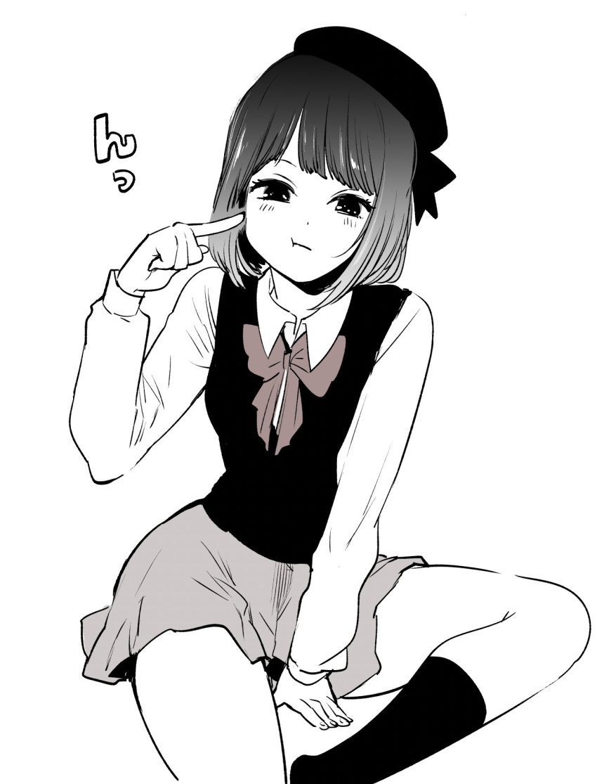 1girl :t arima_kana beret between_legs blush bow bowtie collared_shirt commentary_request cowboy_shot half-closed_eyes hand_between_legs hat highres limited_palette looking_at_viewer miniskirt monochrome oshi_no_ko partially_colored pointing pointing_at_self pout shirt short_hair simple_background skirt socks solo spot_color sweater_vest tsundere white_background yokoyari_mengo