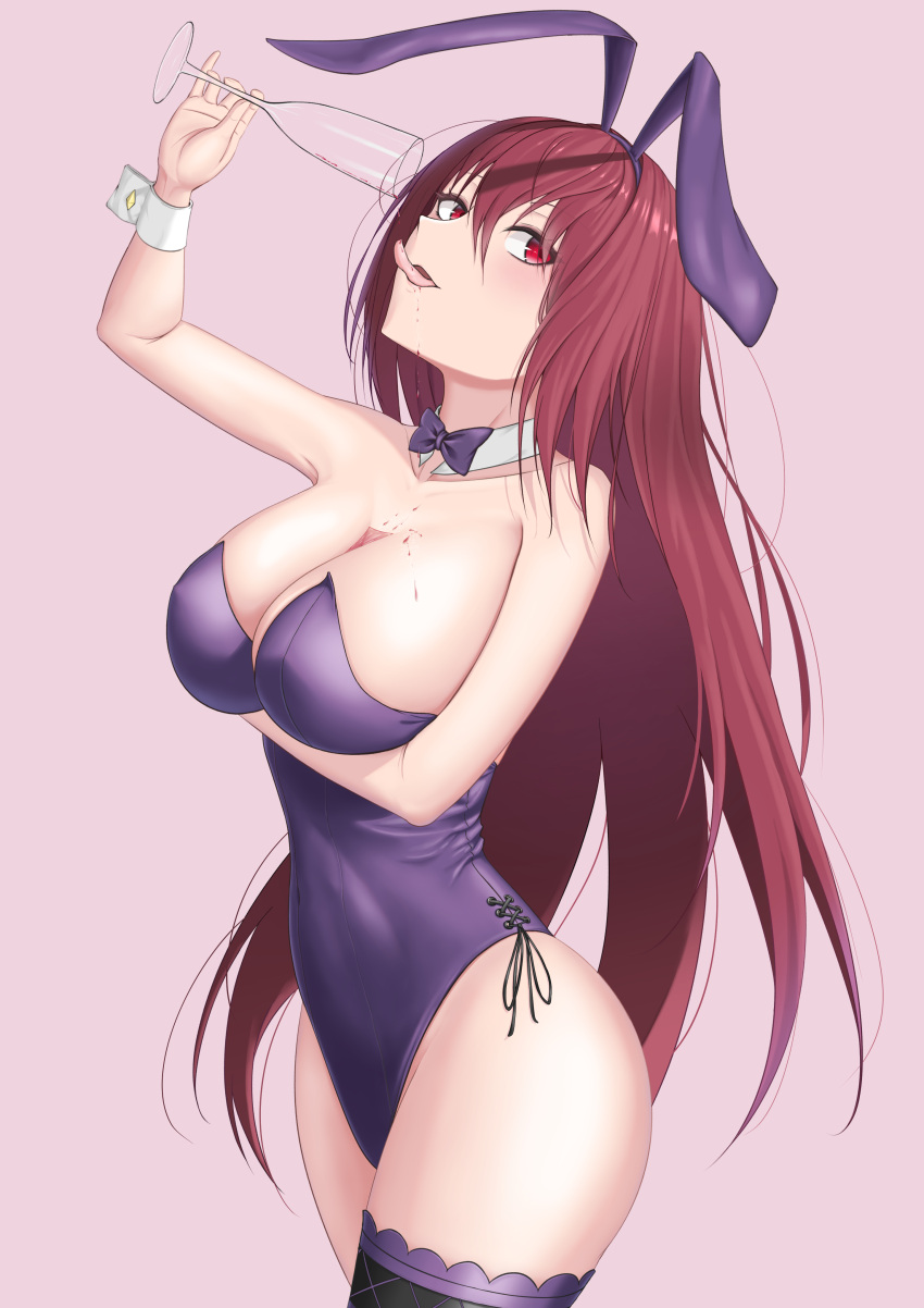 1girl absurdres animal_ears breasts bunny_ears cup drinking_glass fate/grand_order fate_(series) highres nmi playboy_bunny red_eyes red_hair scathach_(fate) scathach_(fate)_(all) simple_background thighs tongue tongue_out