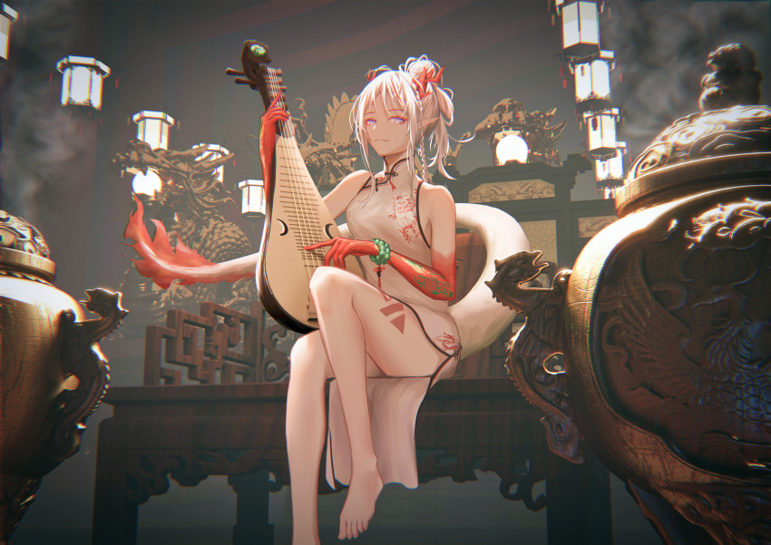 :3 absurdres arknights bracelet china_dress chinese_clothes dragon dress feet fuann highres holding holding_instrument instrument jewelry looking_at_viewer nian_(arknights) nian_(unfettered_freedom)_(arknights) pointy_ears ponytail purple_eyes sitting solo white_hair