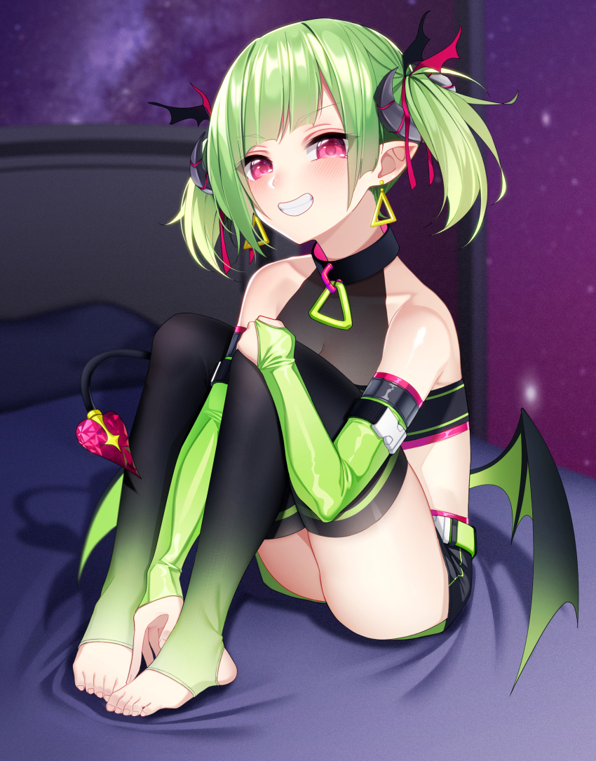 1girl absurdres bangs blush breasts cleavage collarbone commission delutaya demon_girl demon_tail demon_wings earrings elbow_gloves english_commentary fingerless_gloves gloves glowing glowing_eyes highres indie_virtual_youtuber jewelry looking_at_viewer on_bed pink_eyes pointy_ears second-party_source sitting smile solo tail the_cold thighhighs triangle_earrings twintails v-shaped_eyes virtual_youtuber wings
