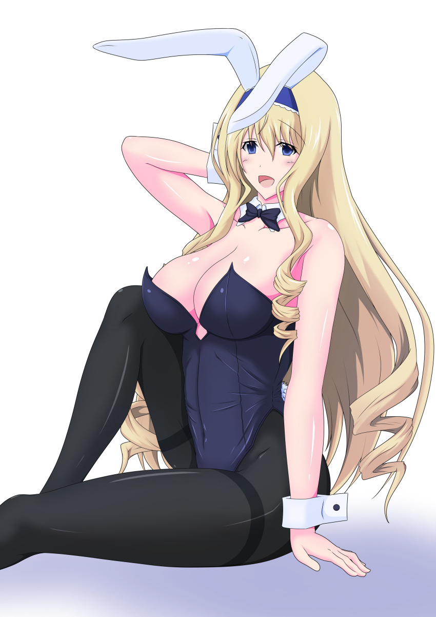 1girl absurdres animal_ears aoi_tabane black_legwear black_leotard black_neckwear blonde_hair blue_eyes blue_hairband bow bowtie breasts bunny_ears bunny_tail cecilia_alcott commentary_request commission detached_collar drill_hair fake_animal_ears feet_out_of_frame gradient gradient_background hairband highres infinite_stratos large_breasts leotard long_hair looking_at_viewer open_mouth pantyhose playboy_bunny skeb_commission smile solo tail thighband_pantyhose white_background wrist_cuffs