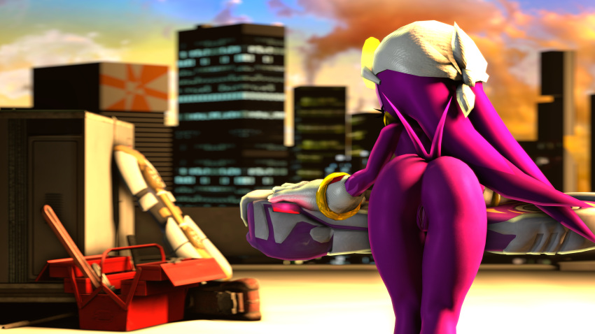 16:9 3d_(artwork) absurd_res anthro avian bandanna beak bent_over biped bird butt city cityscape clothing digital_media_(artwork) eyelashes eyes_closed eyewear female forked_tail genitals glasses gloves handwear hi_res hirundinid hoverboard kerchief mostly_nude oscine passerine purple_body pussy reclining rooftop solo sonic_riders sonic_the_hedgehog_(series) source_filmmaker swallow_(bird) video_games voui wave_the_swallow widescreen