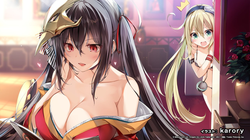 2girls albacore_(azur_lane) artist_name azur_lane bangs black_hair blonde_hair breasts cleavage crossed_bangs end_card flat_chest flower green_eyes heart japanese_clothes karory kimono large_breasts long_hair mask mask_on_head multiple_girls off-shoulder_kimono official_art plant potted_plant red_eyes red_flower red_kimono taihou_(azur_lane) twintails very_long_hair