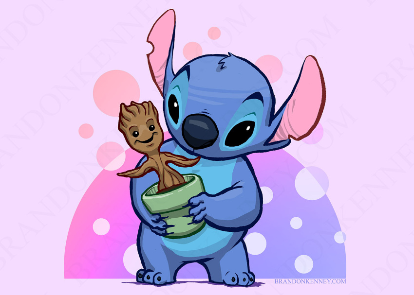 alien black_eyes blue_body blue_claws blue_fur blue_nose brandon_kenney carrying claws crossover disney duo elemental_creature experiment_(lilo_and_stitch) flora_fauna flower_pot fur groot guardians_of_the_galaxy head_tuft lilo_and_stitch marvel notched_ear open_mouth open_smile plant simple_background smile standing stitch_(lilo_and_stitch) text tuft url watermark