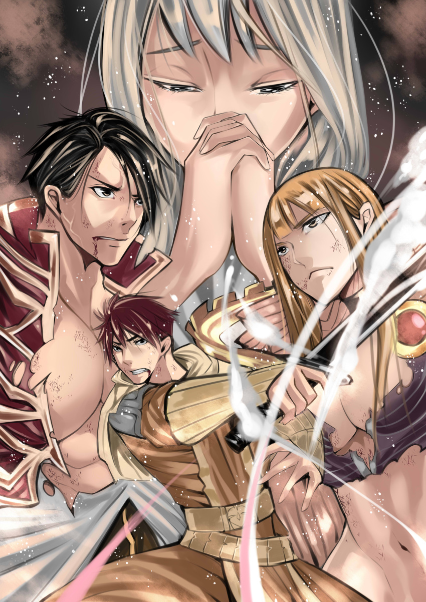 2boys 2girls absurdres bangs belt black_eyes black_hair blonde_hair blood blood_from_mouth blunt_bangs bra breasts brown_cape brown_eyes brown_pants brown_shirt cape capelet champion_(ragnarok_online) chinese_commentary cleavage closed_mouth coat commentary cowboy_shot dust_cloud english_commentary face hair_between_eyes highres holding holding_sword holding_weapon hooded_coat large_breasts long_hair looking_afar mixed-language_commentary multiple_boys multiple_girls navel open_clothes open_coat own_hands_together pants pectorals pupuddddy purple_bra ragnarok_online red_coat red_hair sage_(ragnarok_online) scratches shirt short_hair sidelocks striped_cape sword swordsman_(ragnarok_online) torn_bra torn_clothes torn_coat underwear upper_body weapon white_capelet white_hair